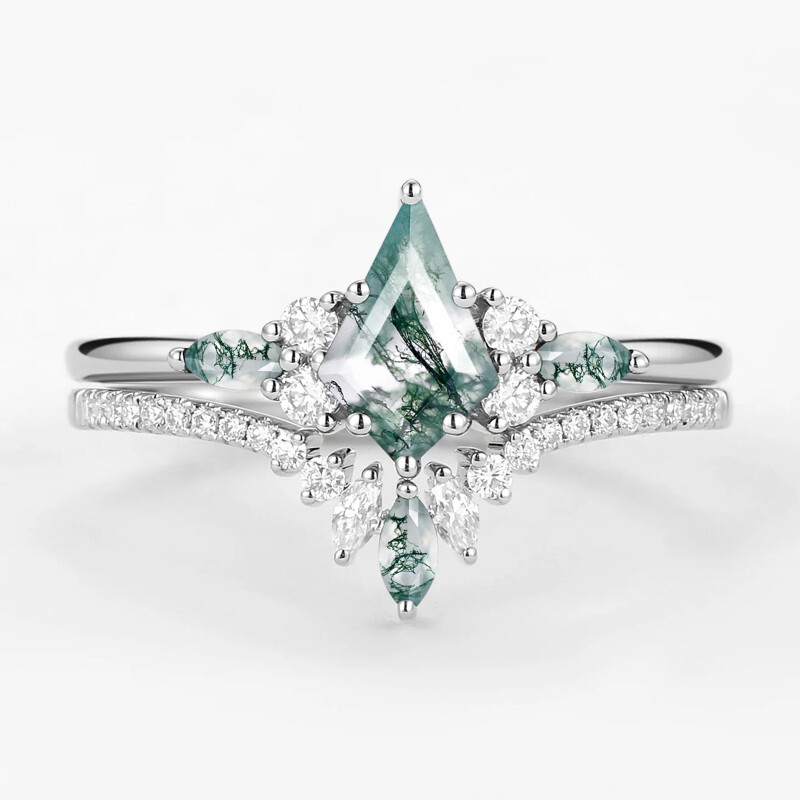 Bague de fiançailles en platine et agate mousse taille cerf-volant-1