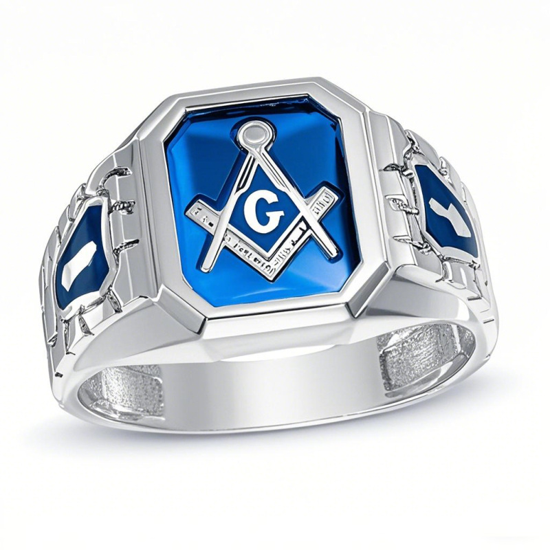 10K White Gold Lab-Created Blue Sapphire Masonic Nugget Custom Ring for Men-18