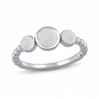10K White Gold Lab-Created Opal Bezel-Set Three Stone Bead Shank Custom Band for Women-13