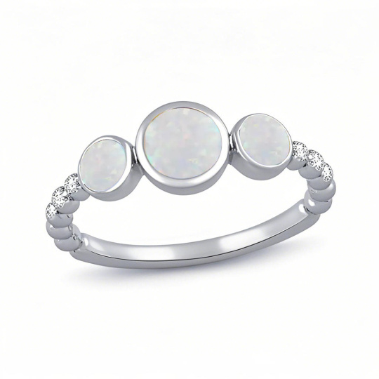 10K White Gold Lab-Created Opal Bezel-Set Three Stone Bead Shank Custom Band for Women