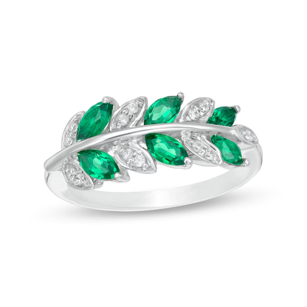 Platinum Marquise Cut 0.3 CT. T.W. Lab-Created Emerald and 0.1 CT. T.W. Diamond Leaves Band-1