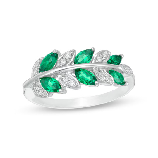 Platinum Marquise Cut 0.3 CT. T.W. Lab-Created Emerald and 0.1 CT. T.W. Diamond Leaves Band