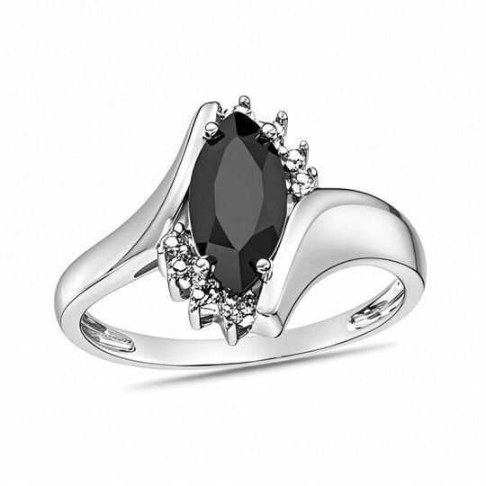 10-karatowe białe złoto z agatem w szlifie markizowym, niestandardowa obrączka z diamentami, kolor I, czystość I2, certyfikat IGI 3EX