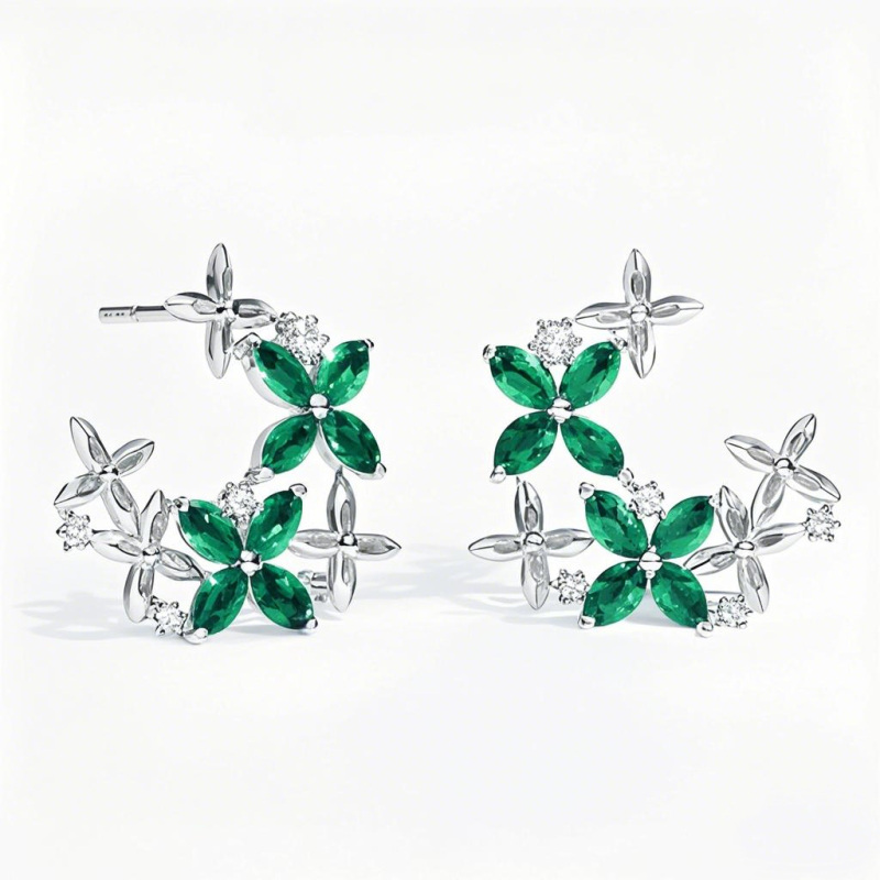 10K White Gold Marquise Cut Emerald Floral Lattice Diamond Hoop Earrings-1