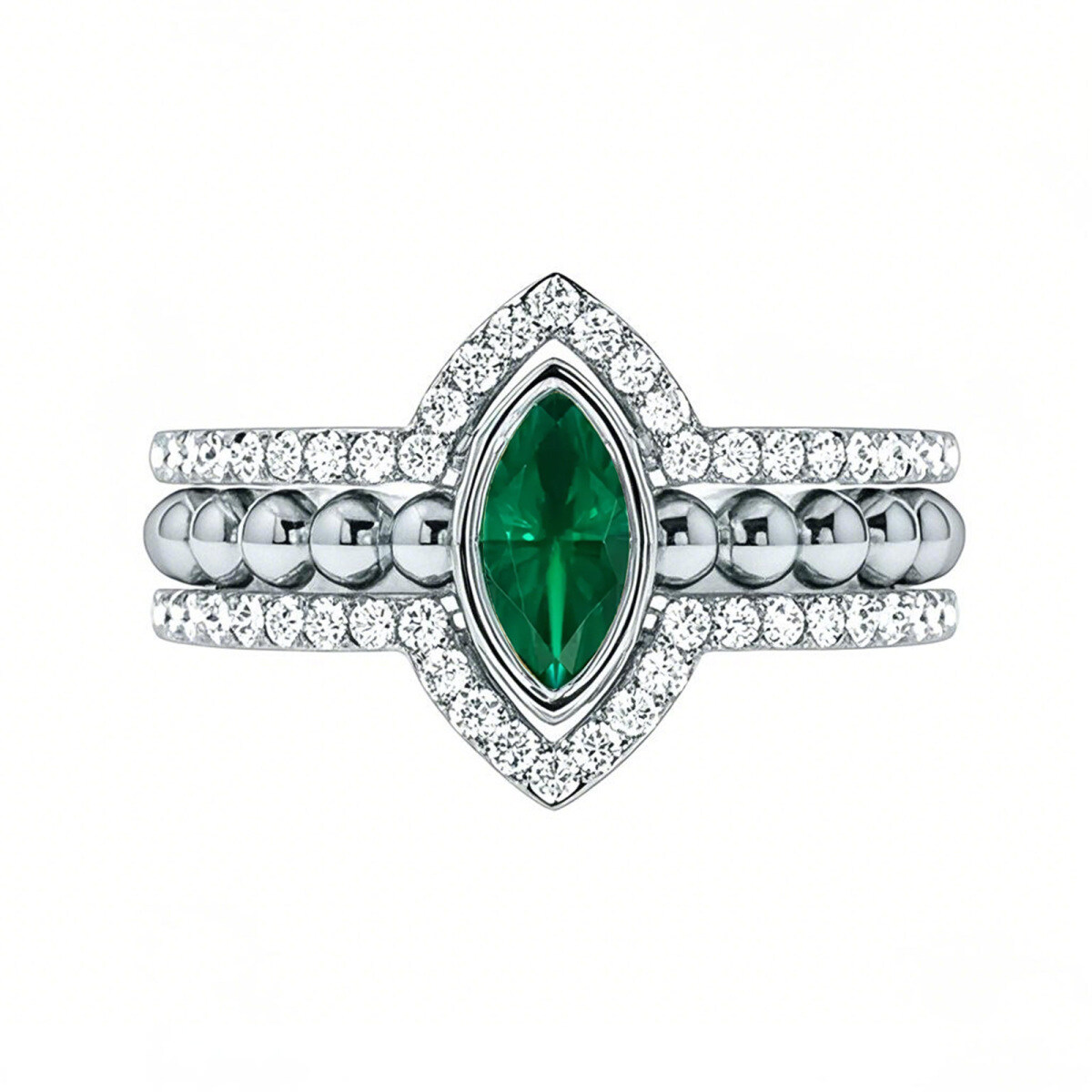 Anillo de platino con esmeralda de talla marquesa y bandas de diamantes anidadas-1