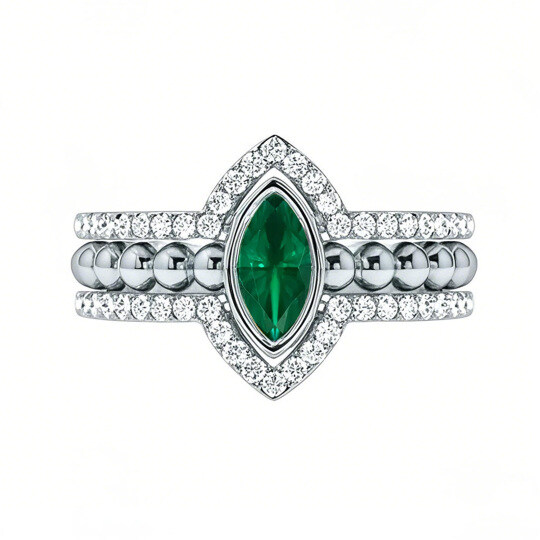 Platinum Marquise Cut Emerald Ring with Nesting Diamond Bands