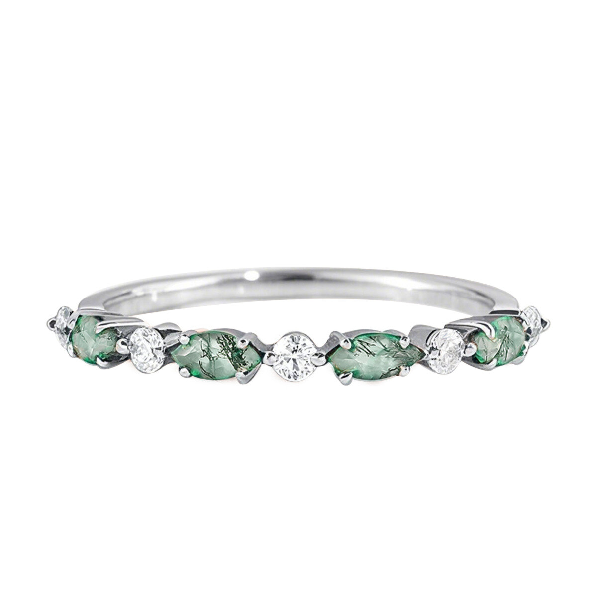 Anillo de bodas de platino con moissanita y ágata musgosa de talla marquesa-1