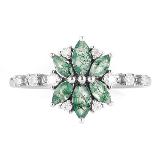 Platinum Marquise Cut Moss Agate Ring