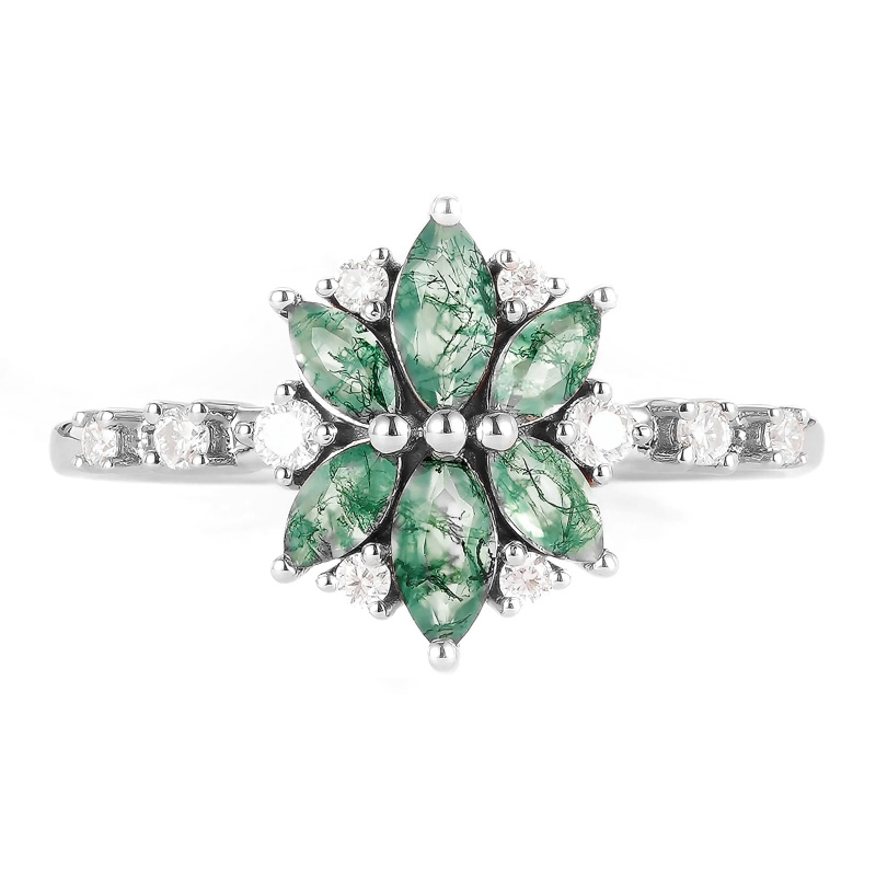 Anillo de oro blanco de 18 quilates con ágata musgosa talla marquesa-1