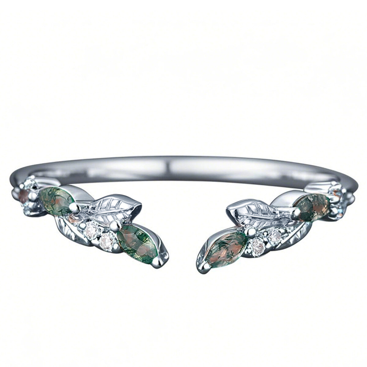 Anillo de bodas de platino con ágata musgosa de talla marquesa-1