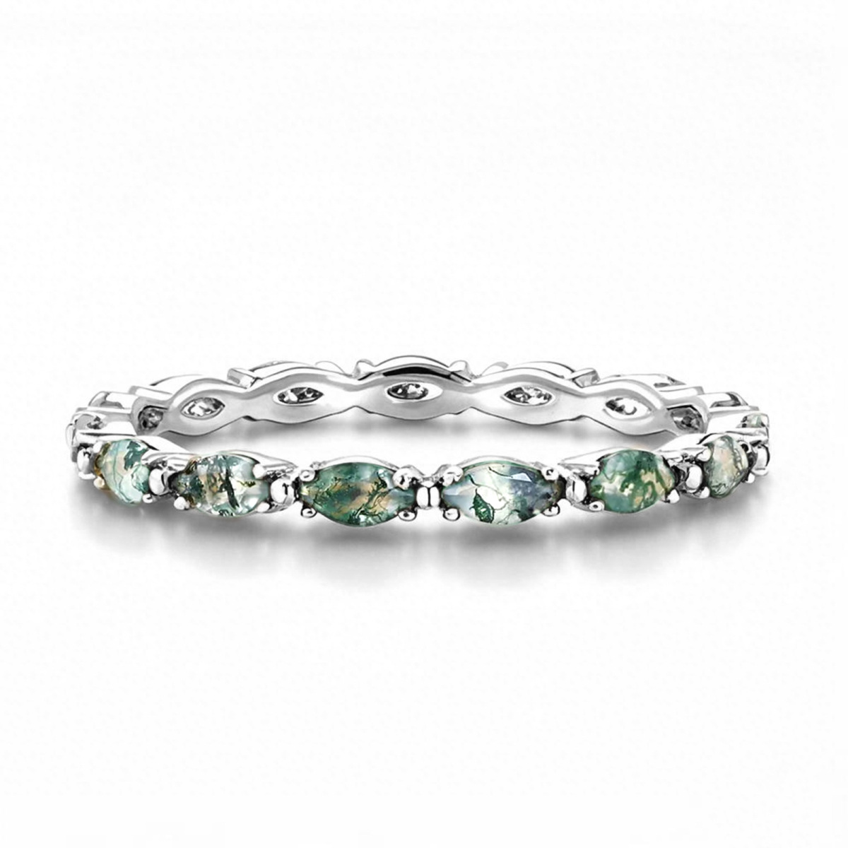 14K White Gold Marquise Cut Moss Agate Wedding Ring-1