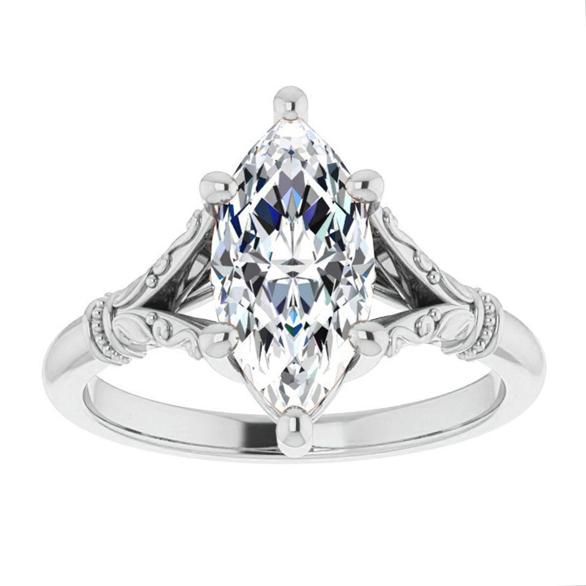 Anillo de compromiso solitario de moissanita de talla marquesa en oro blanco de 14 quilates-1