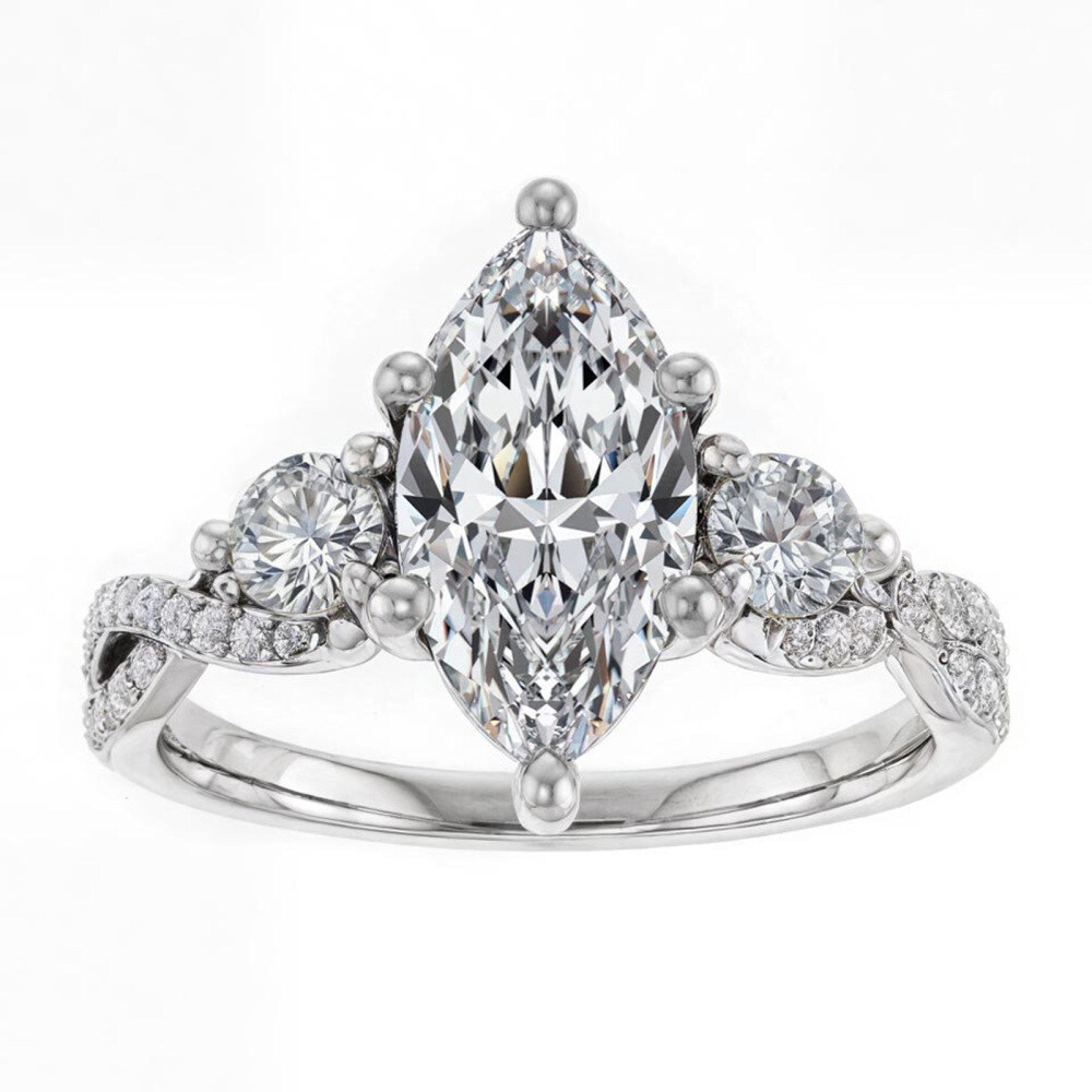 18K White Gold Marquise Cut Three-Stone Moissanite Engagement Ring-1