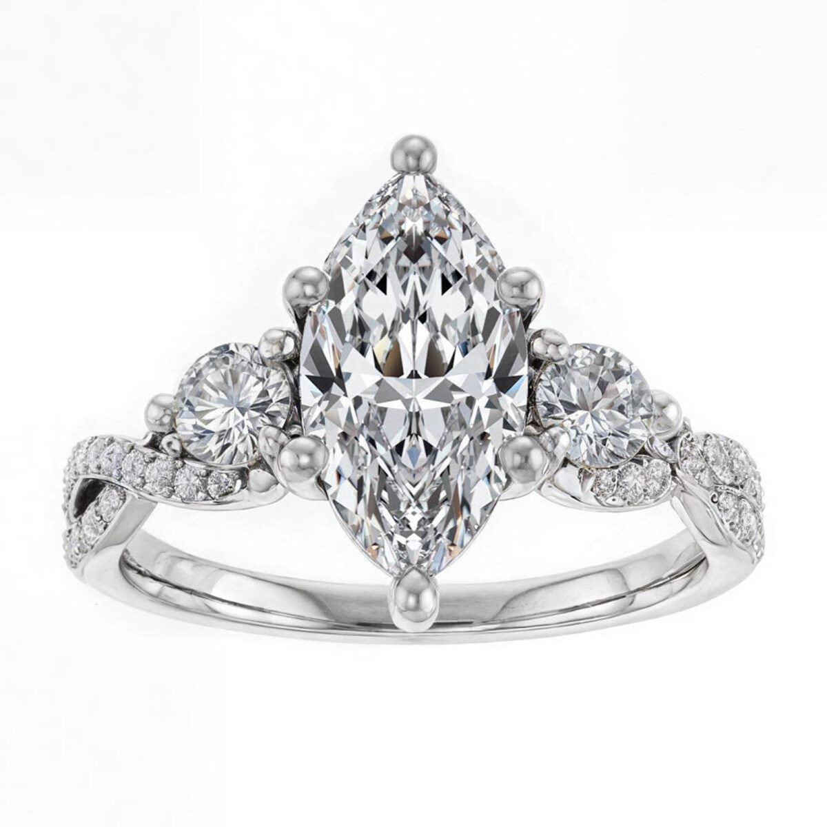 Anillo de compromiso de oro blanco de 18 quilates con moissanita de tres piedras y corte marquesa-1