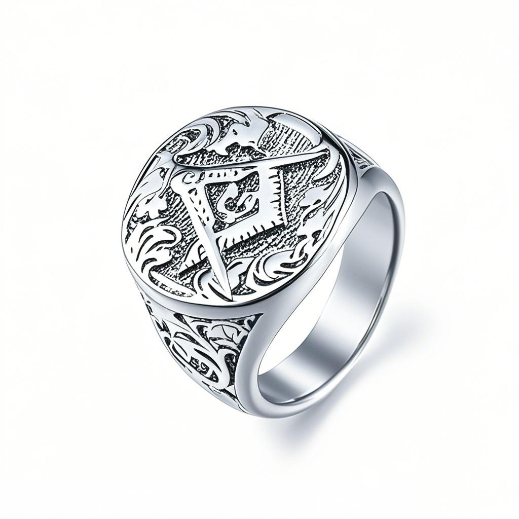 10K White Gold Masonic Freemason Symbol Ring For Men-1
