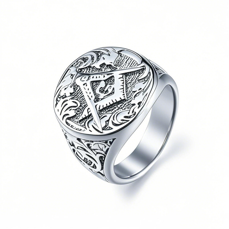 Pierścień z symbolem masońskim z 18-karatowego białego złota dla mężczyzn-1