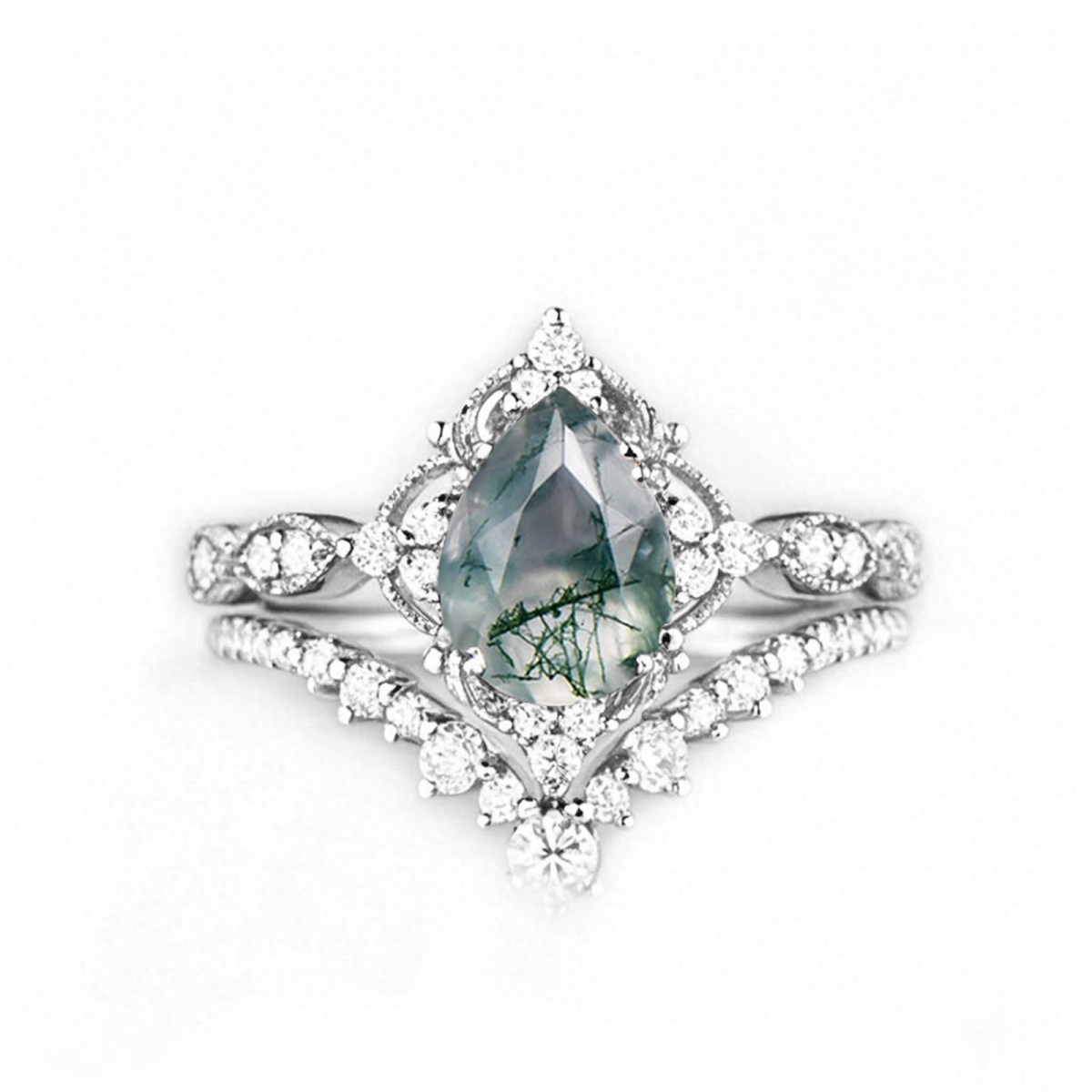 Pierścionek zaręczynowy z białego złota 14K Moissanite i agatu mszystego-1