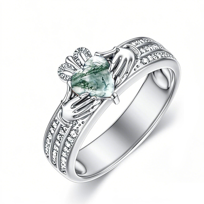 10K White Gold Moss Agate Claddagh Heart Ring for Women-1