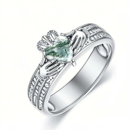 Platinum Moss Agate Claddagh Heart Ring for Women