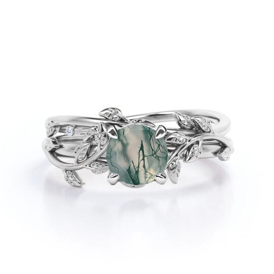 Platinum Moss Agate Leaves Ring