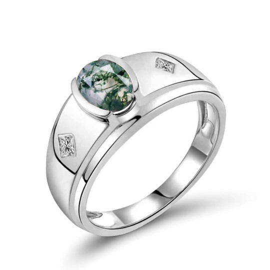10K White Gold Moss Agate With Moissanite Ring