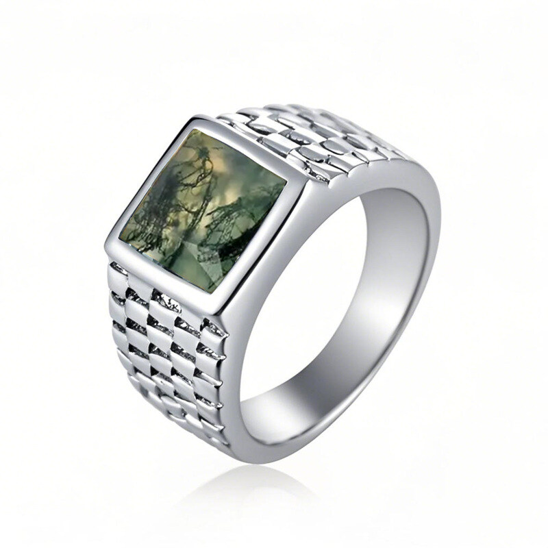 Anel de ágata musgosa em ouro branco 18K para homem-1