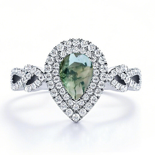 خاتم من الفضة الإسترلينية مرصع بعقيق الطحلب المقطوع على شكل كمثرى