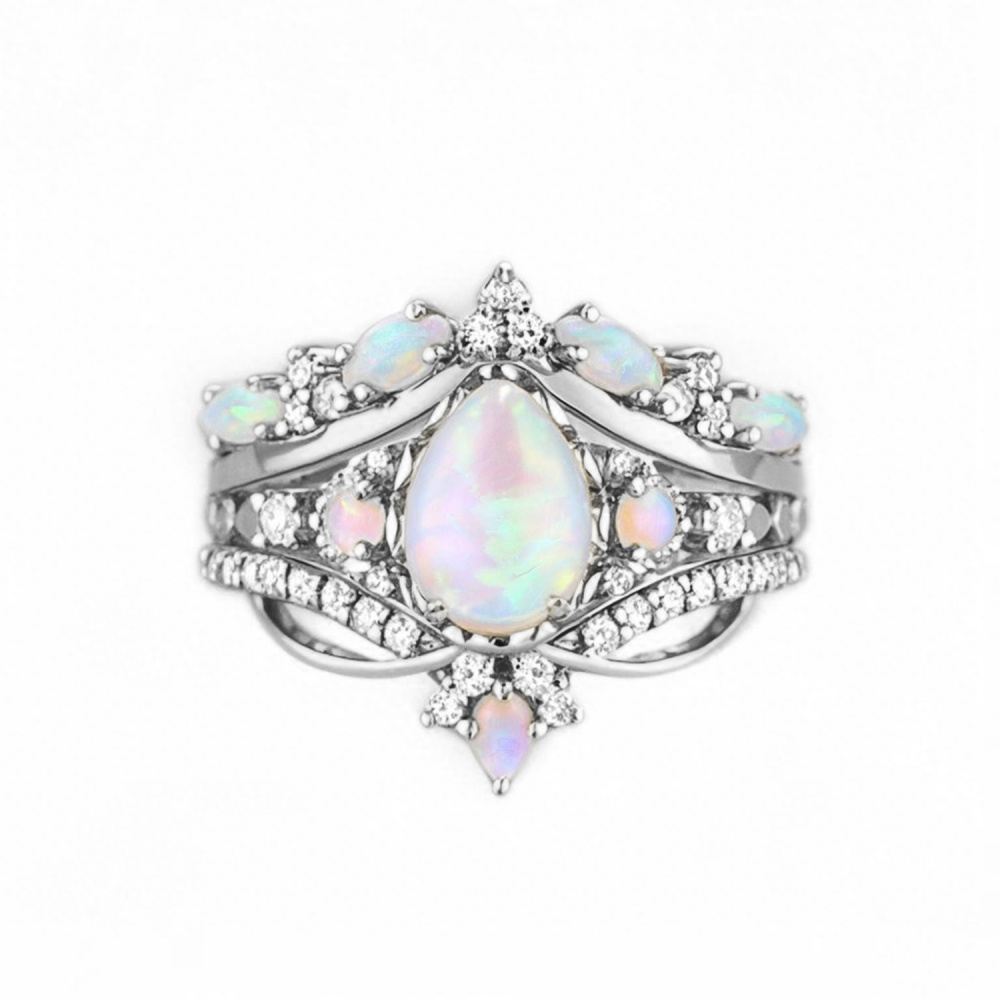 10K White Gold Opal With Moissanite Ring-1