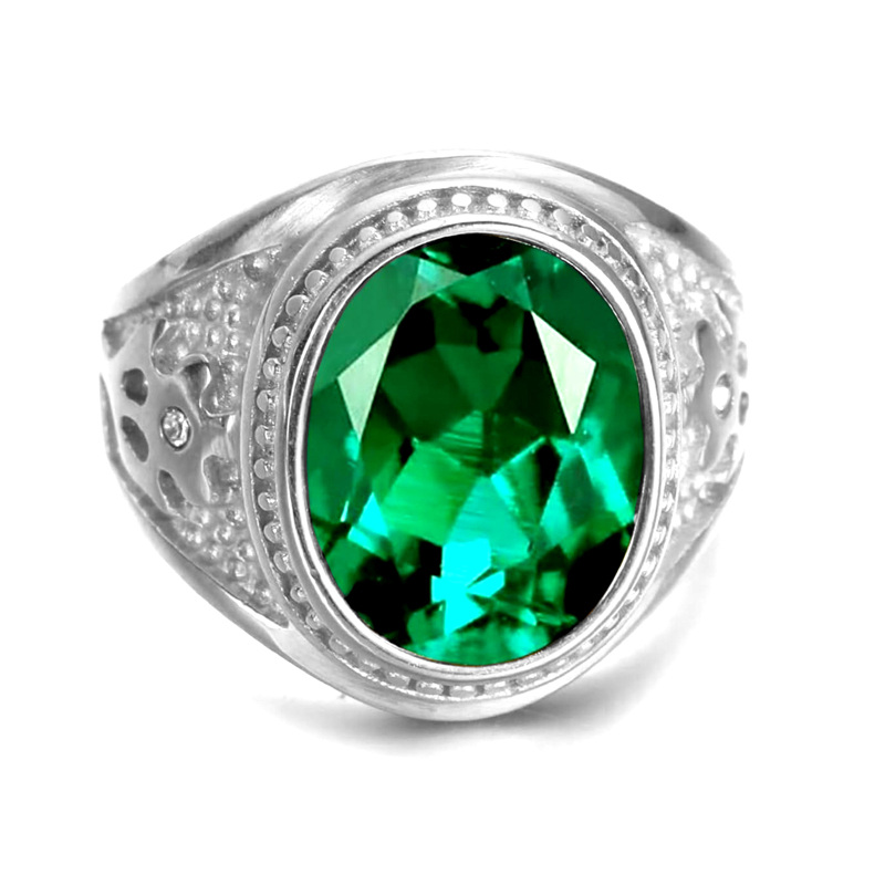 Anel masculino personalizado com esmeralda oval em ouro branco 10K-1