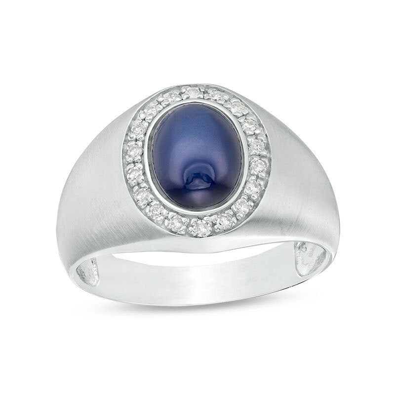 18K White Gold Oval Cut Diamond & Sapphire Custom Signet Ring for Men H Color I2 Clarity 3EX-1