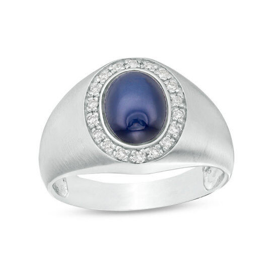 Platinum Oval Cut Diamond & Sapphire Custom Signet Ring for Men H Color I2 Clarity 3EX