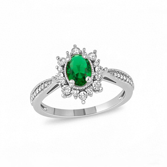 10K białe złoto owalny szlif szmaragd 0,1 CT diament sunburst rama vintage styl zwężany obrączka zaręczynowa