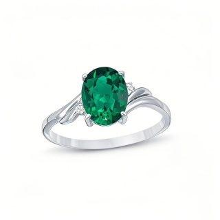 10K White Gold Oval Cut Emerald and Diamond Accent Bypass Swirl Shank Engagement Band-5