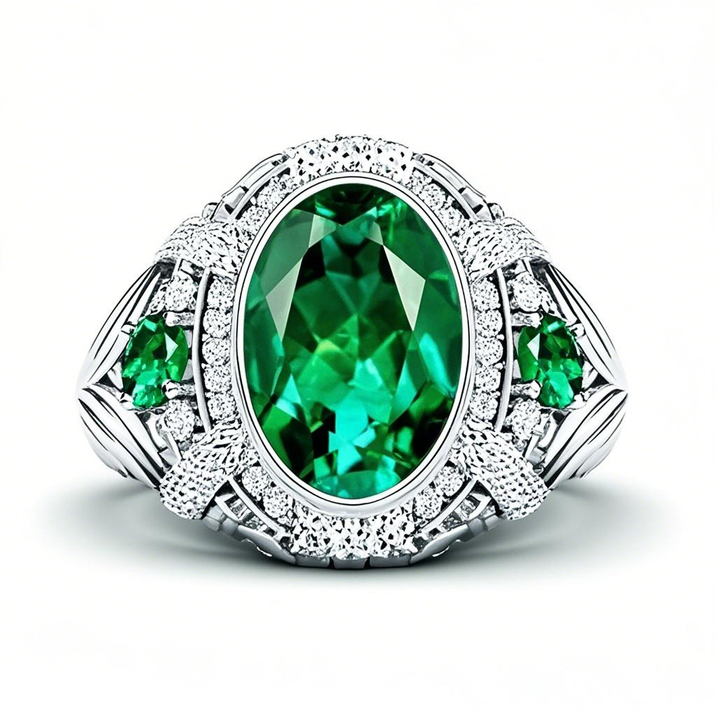 Aliança de casamento em ouro branco 18K com corte oval e esmeralda e diamante, o melhor presente para aniversário, aniversário, Natal, Dia dos Pais-1