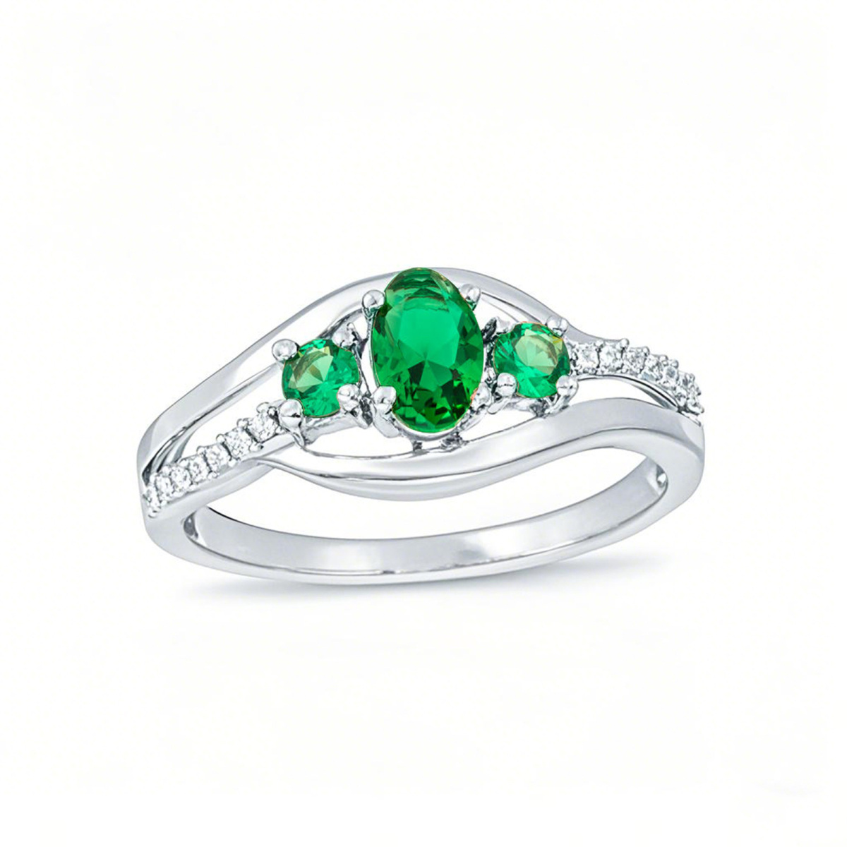 Platinum Oval Cut Lab-Created Emerald and 0.05 CT.T.W. Natrual Diamond Three Stone Bypass Engagement Band-1