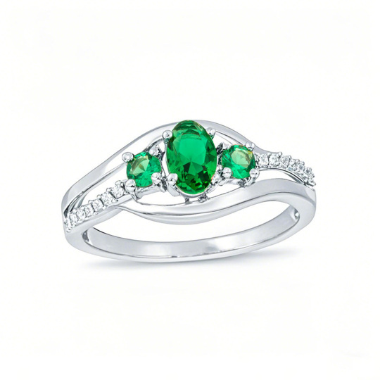 10K White Gold Oval Cut Lab-Created Emerald and 0.05 CT.T.W. Natrual Diamond Three Stone Bypass Engagement Band
