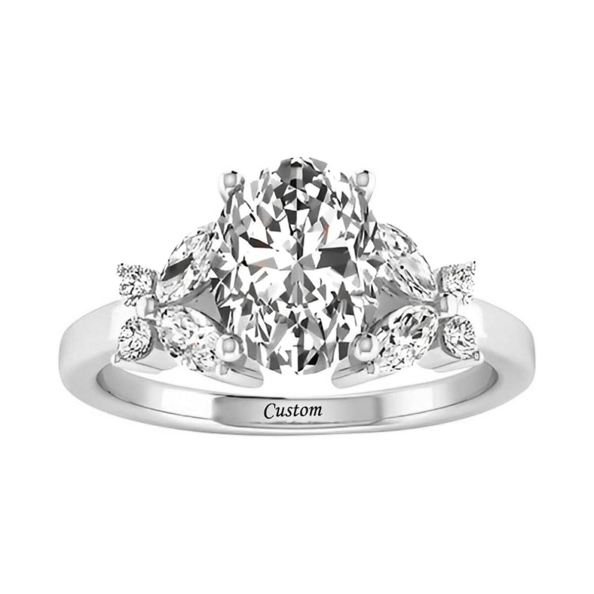 Anillo de compromiso de oro blanco de 18 quilates con moissanita de corte ovalado y mariposa con nombre personalizado-1