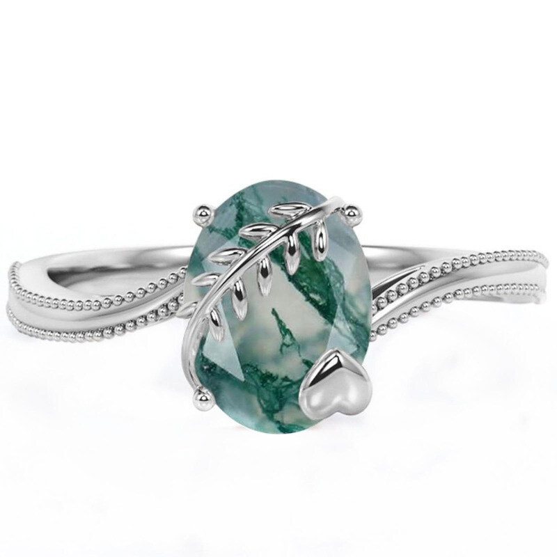 Platinum Oval Cut Moss Agate Engagement Ring-1