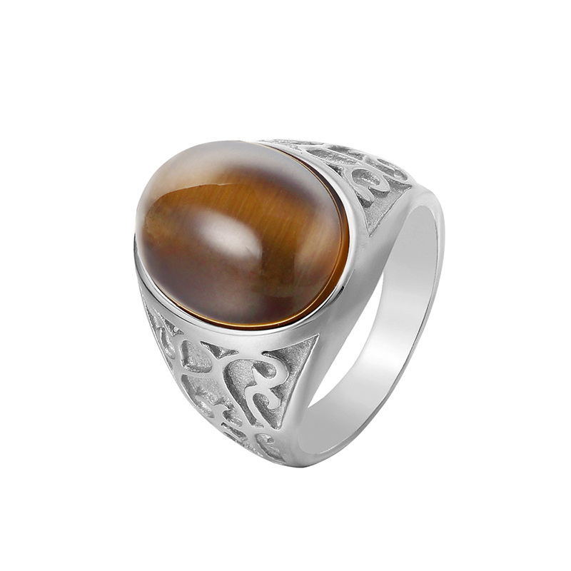 10K White Gold Oval Tiger's Eye Ring for Men-1
