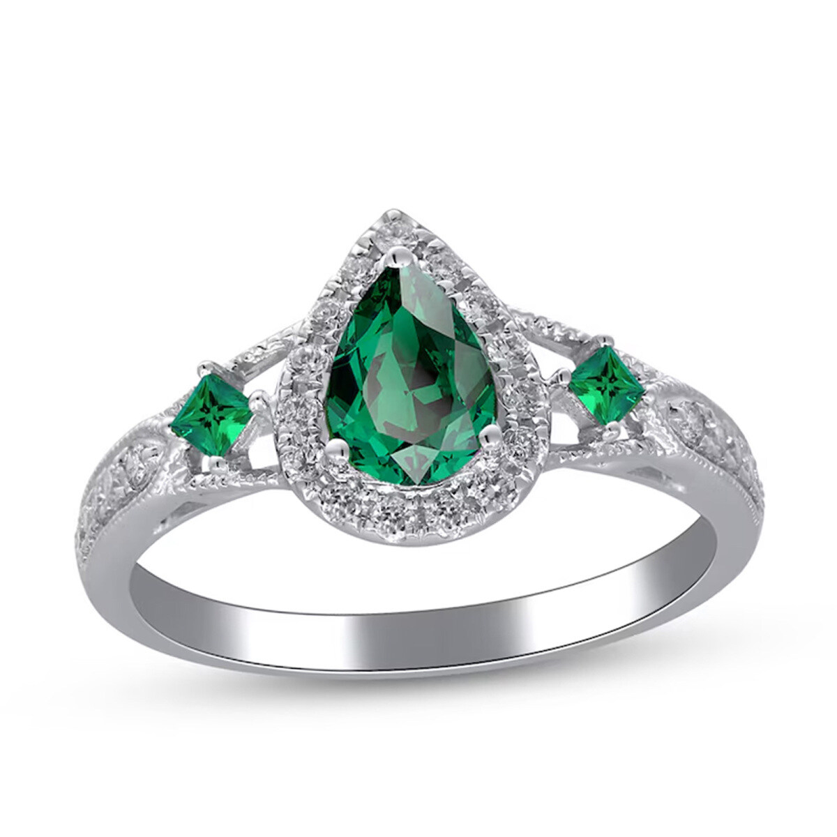 Anillo de compromiso de oro blanco de 18 quilates con halo de diamantes y esmeralda de talla pera-1