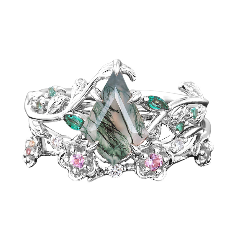 Srebro próby 925 z białym złotem, zestaw ślubny z ciętym kwiatem życia w kolorze gruszki i agatu mchu-4