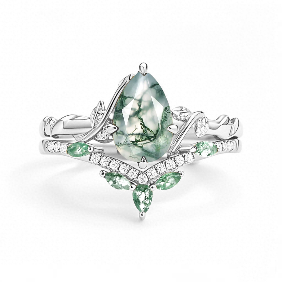 Sterling Silver with White Gold Plated Pear Cut Leafy Moss Agate Ring-1