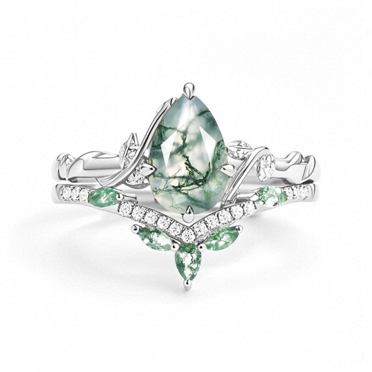 Platinum Pear Cut Leafy Moss Agate Ring