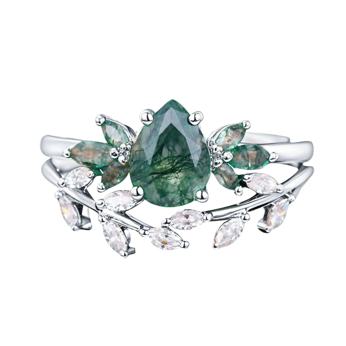 10K White Gold Pear Cut Leaves Moss Agate Bridal Set-1