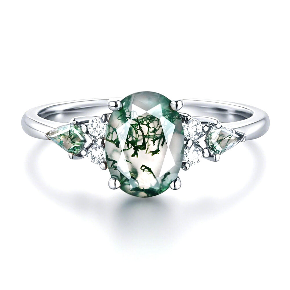 10K White Gold Oval Cut Moss Agate Engagement Ring-1