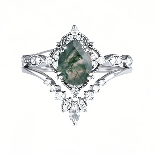 Platinum Pear Cut Moss Agate Engagement Ring