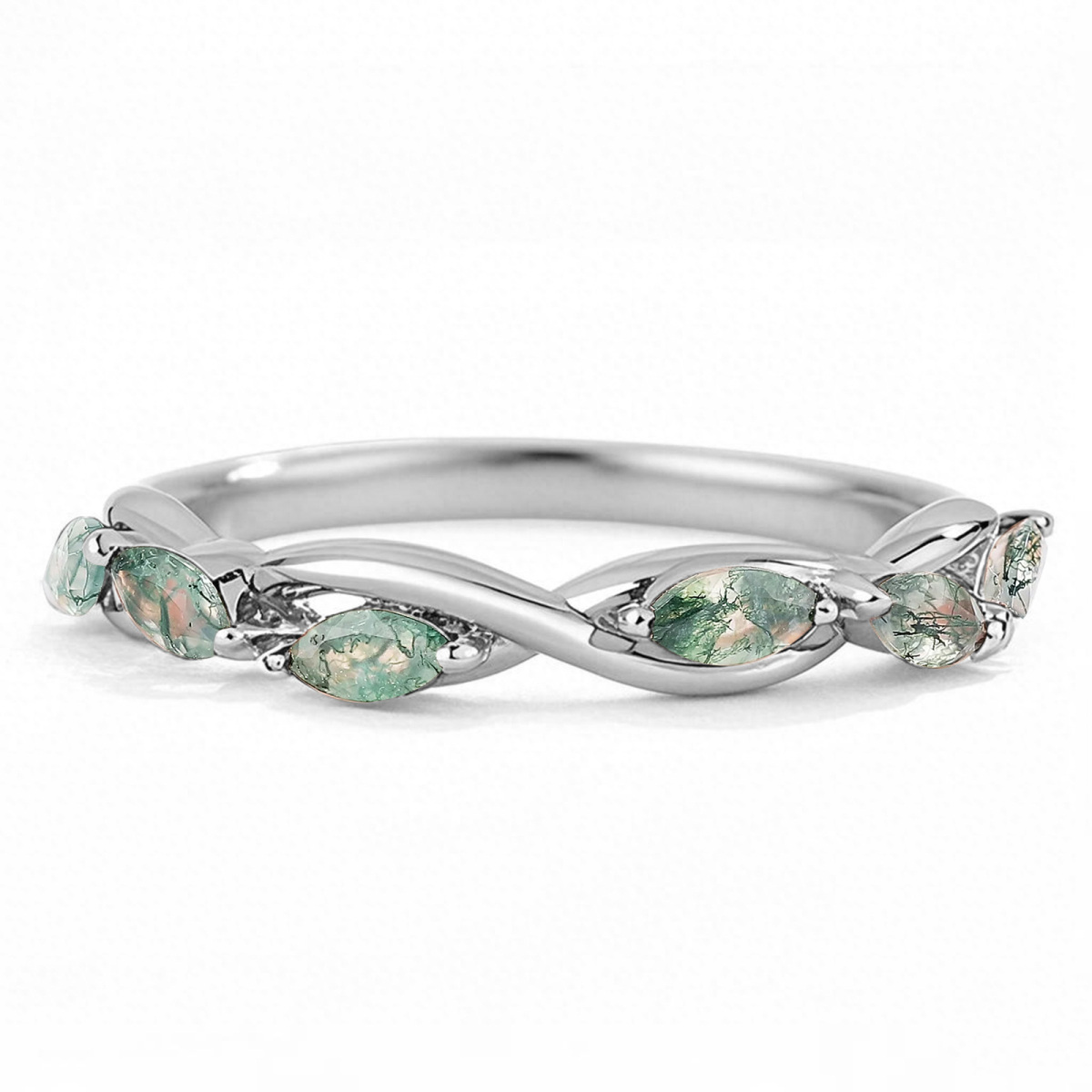 Anillo de ágata musgosa con corte de pera en oro blanco de 18 quilates-1