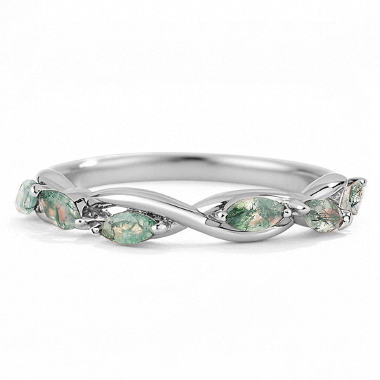 Platinum Pear Cut Moss Agate Ring