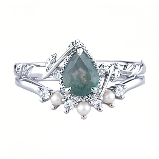 Platinum Pear Cut Moss Agate Ring