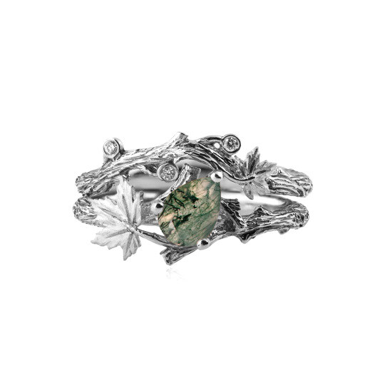 Sterling Silver with White Gold Plated Pear Cut Moss Agate Wedding Ring